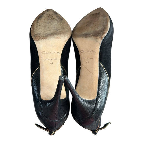 Oscar de la Renta Suede Leather Pumps Heels Bow Accent Black Size 41 EU/10 US - Picture 12 of 12
